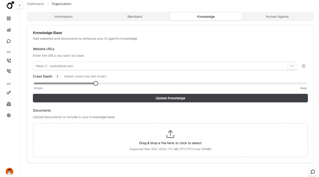 OutCallerAI knowledge base with website crawling and document upload